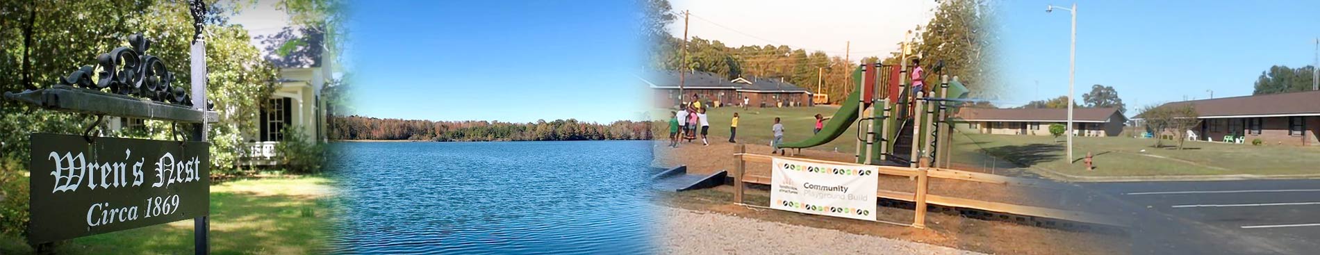 From left: The Wren's Nest, Sand Beach Lake, children playing at community playground, housing properties